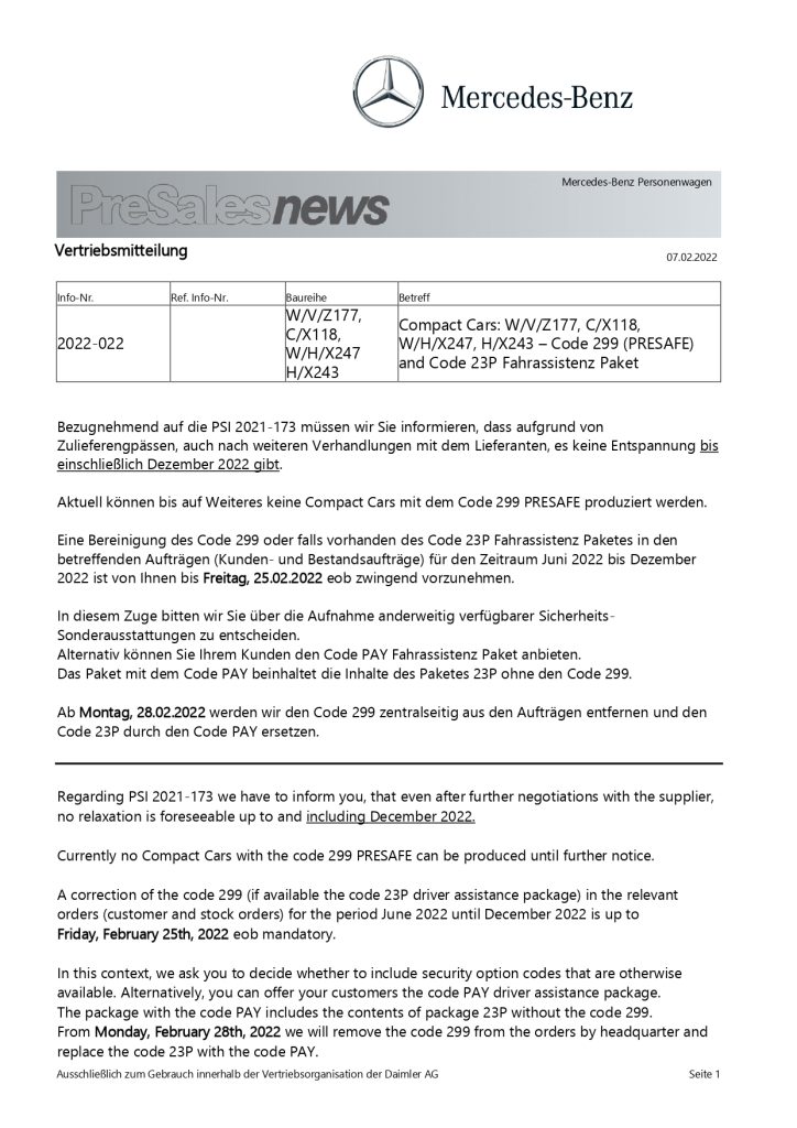 Pre sales news : Compact cars code299 and 23P - 032022